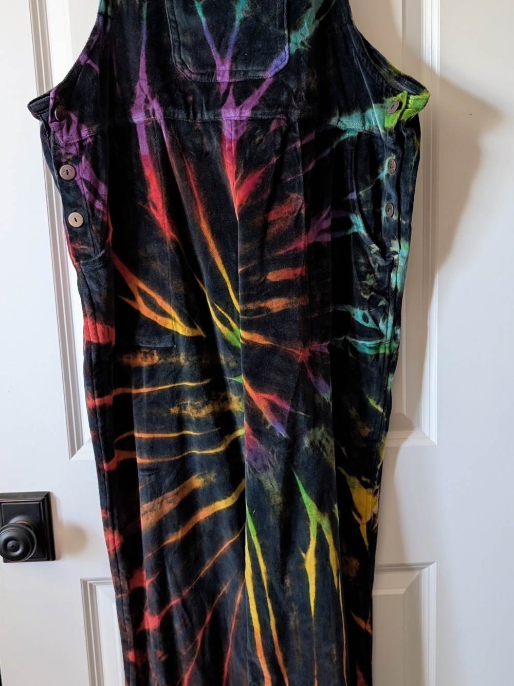 Mexicali Blues XL Deadhead Hippie Tie-Dye Velvet Overalls with Rainbow Burst